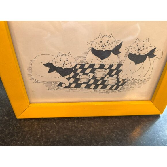 Vtg 1980's Detroit Artist Mary Ewald Pen And Ink Art 3 Cats At A Picnic Black - Picture 3 of 7